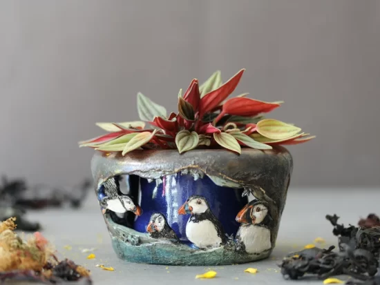 Ceramic Puffin plant pot. Unique Handmade Irish Pottery and Ceramics