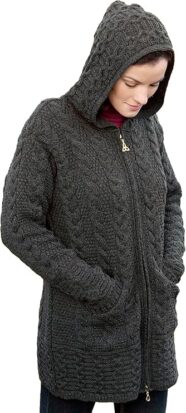Irish Merino Wool Ladies Hooded Aran Zip Sweater Coat