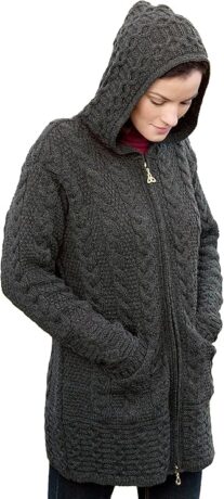 Irish Merino Wool Ladies Hooded Aran Zip Sweater Coat