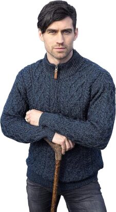 Mens wool aran zip neck jacket