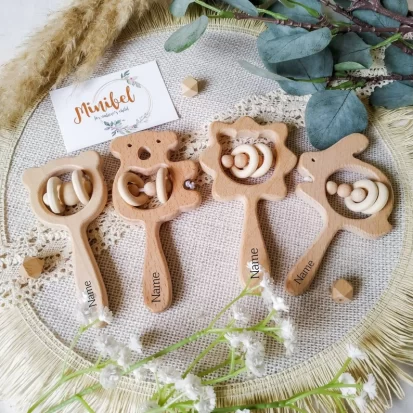 Personalise wooden baby rattle set