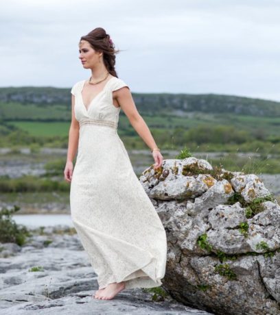 Celtic lace v-neck princess bunched sleeves wedding dress. Irish Inspired Wedding Dresses