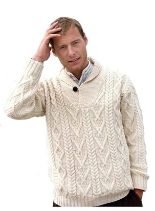 Irish Merino Wool Shawl Collar Aran Sweater