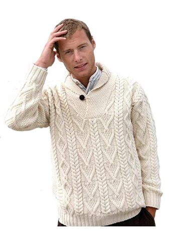 Irish Merino Wool Shawl Collar Aran Sweater