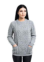 Wool Irish Cable Knit Women Crew Neck pockets